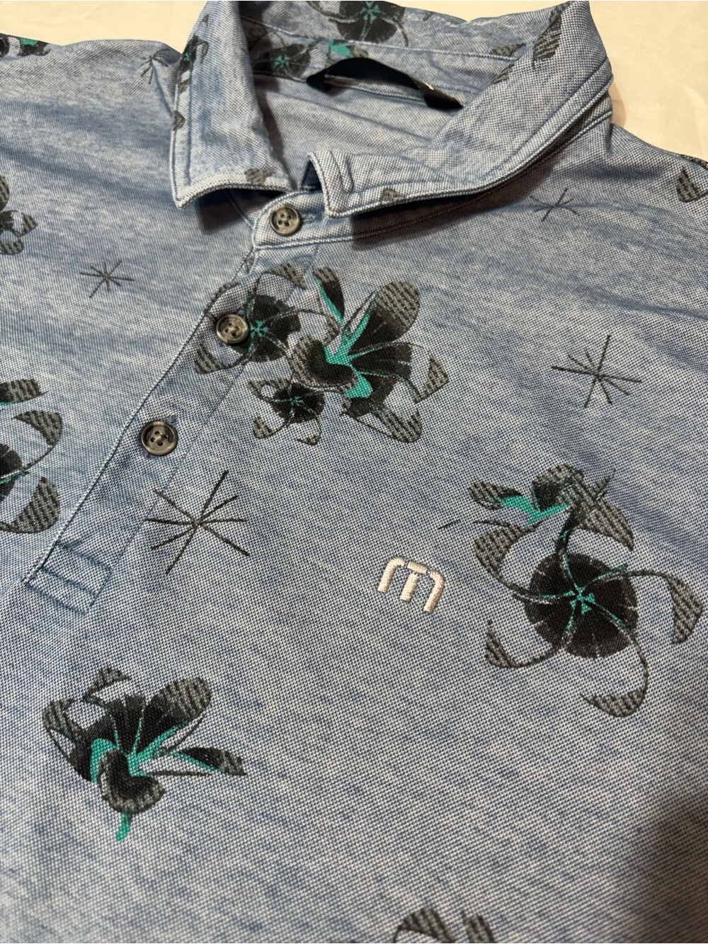 Travis Mathew Light Blue Floral Tropical Print Golf Polo - Men's XL